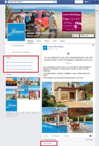 This fake James Villas page has managed to get 13k shares for its competition after only a day!